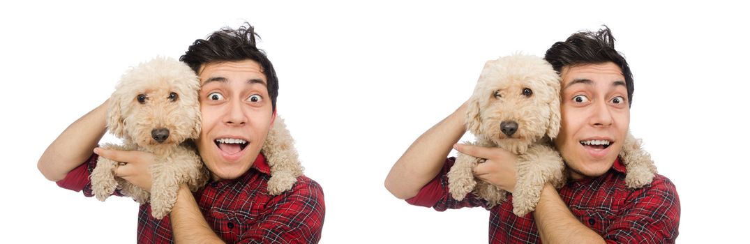 Young man with dog isolated on white