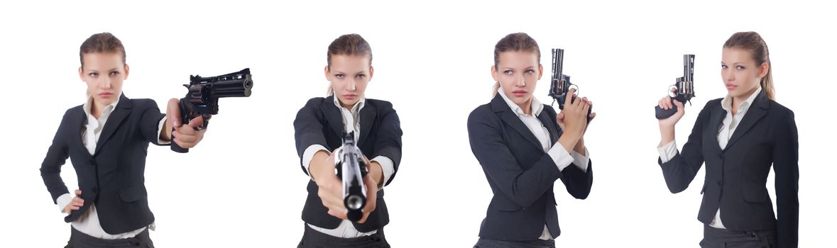 Woman businesswoman with gun on white