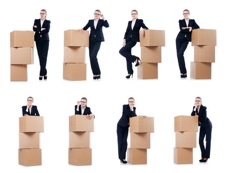 Woman businesswoman with boxes on white