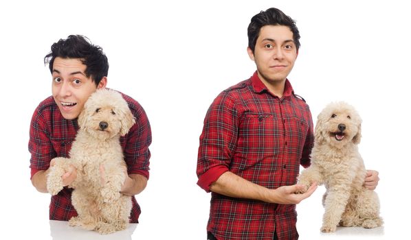 Young man with dog isolated on white