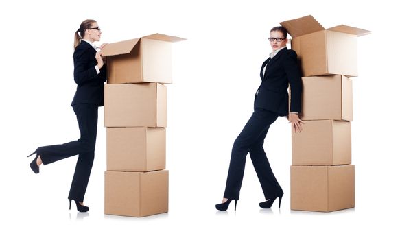 Businesswoman with boxes isolated on white