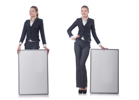 Woman businesswoman with blank board on white