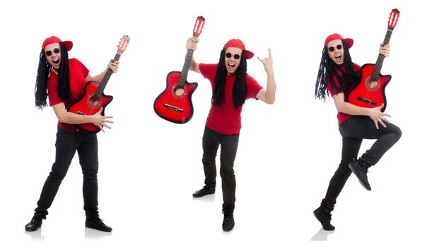 Positive boy with guitar isolated on white