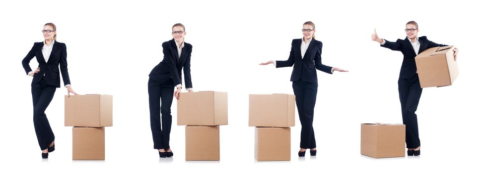 Woman businesswoman with boxes on white