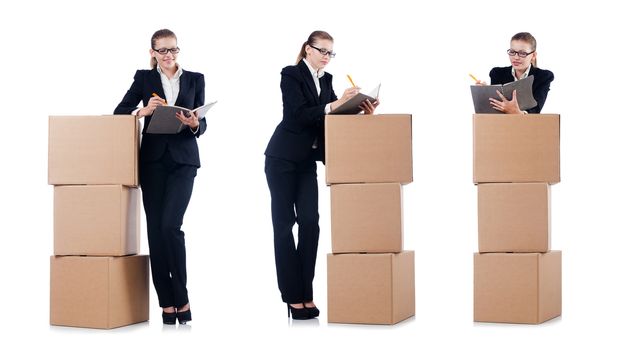 Woman businesswoman with boxes on white