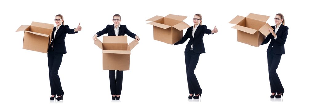 Woman businesswoman with boxes on white