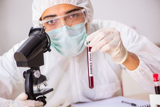 Young handsome lab assistant testing blood samples in hospital 