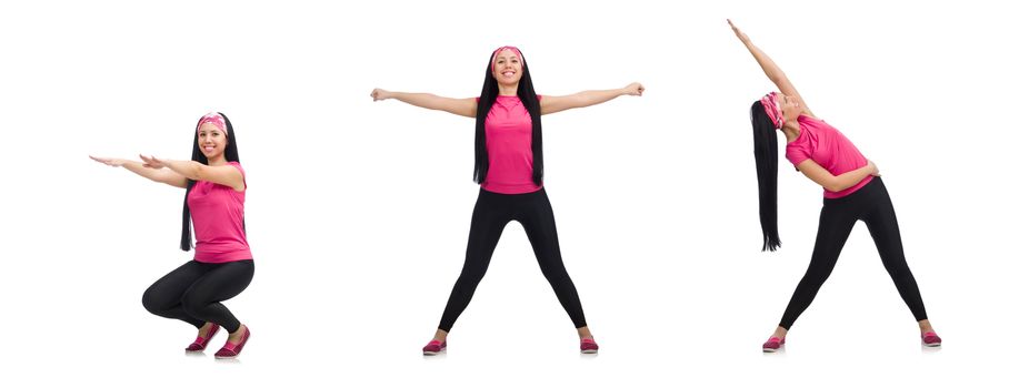 Woman doing exercises on white