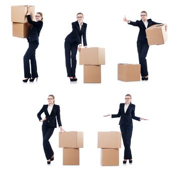 Businesswoman with boxes isolated on white