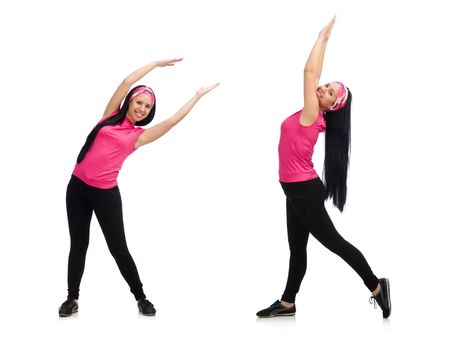 Woman doing exercises on white