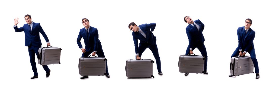 Young businessman with suitcase isolated on white background