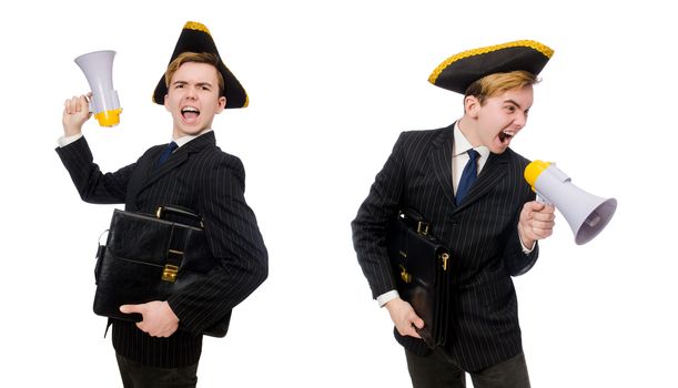 Young man in costume with pirate hat and megaphone isolated on white