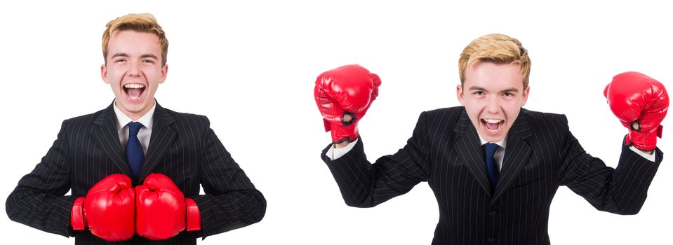 Young employee with boxing gloves isolated on white 