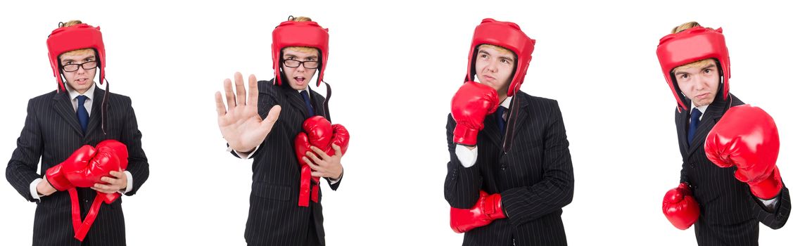 Young employee with boxing gloves isolated on white 