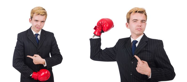 Young employee with boxing gloves isolated on white 