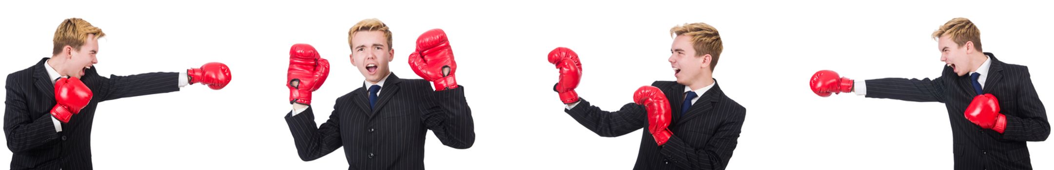 Young employee with boxing gloves isolated on white 