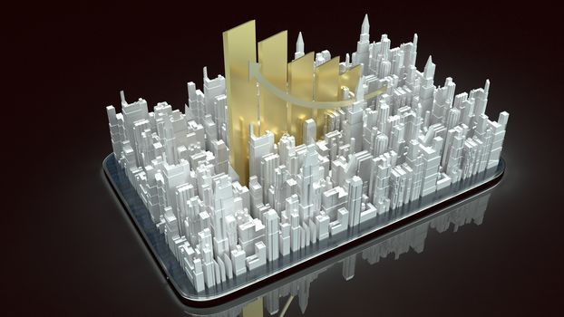 The building city and chart arrow up on tablet for property content 3d rendering.