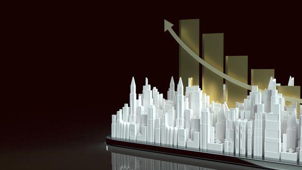 The building city and chart arrow up on tablet for property content 3d rendering.