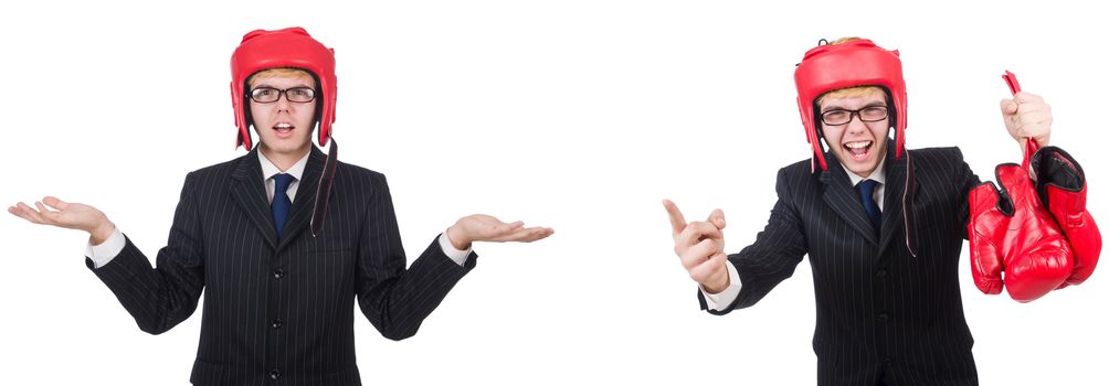 Young employee with boxing gloves isolated on white 