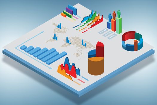 Isometric view of various business charts - 3d rendering