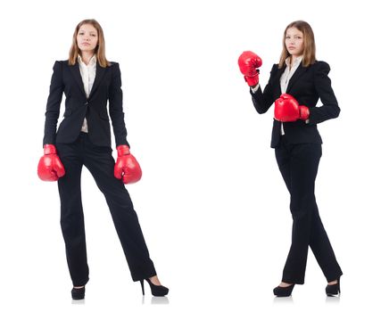 Businesswoman with boxing gloves isolated on white 