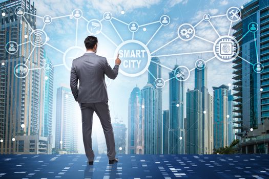 Concept of smart city with businessman pressing buttons