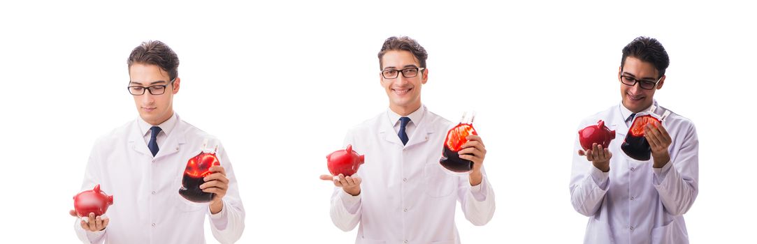 Doctor in blood donation concept isolated on white