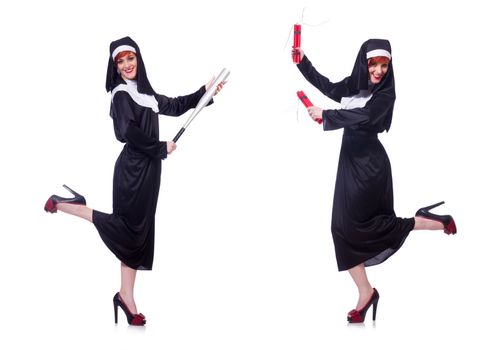 Nun with baseball bat on white