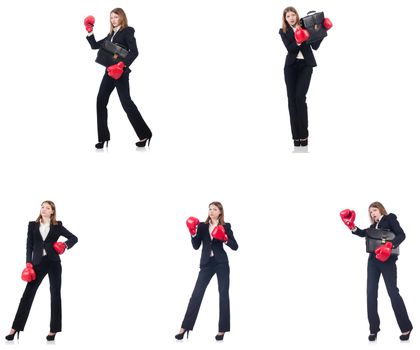 Businesswoman with boxing gloves isolated on white