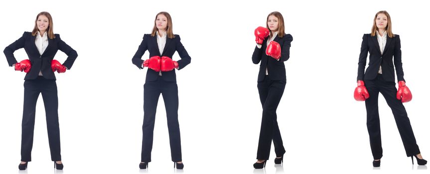 Businesswoman with boxing gloves isolated on white 