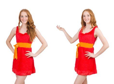 Young beautiful girl in red dress thunms up isolated on white