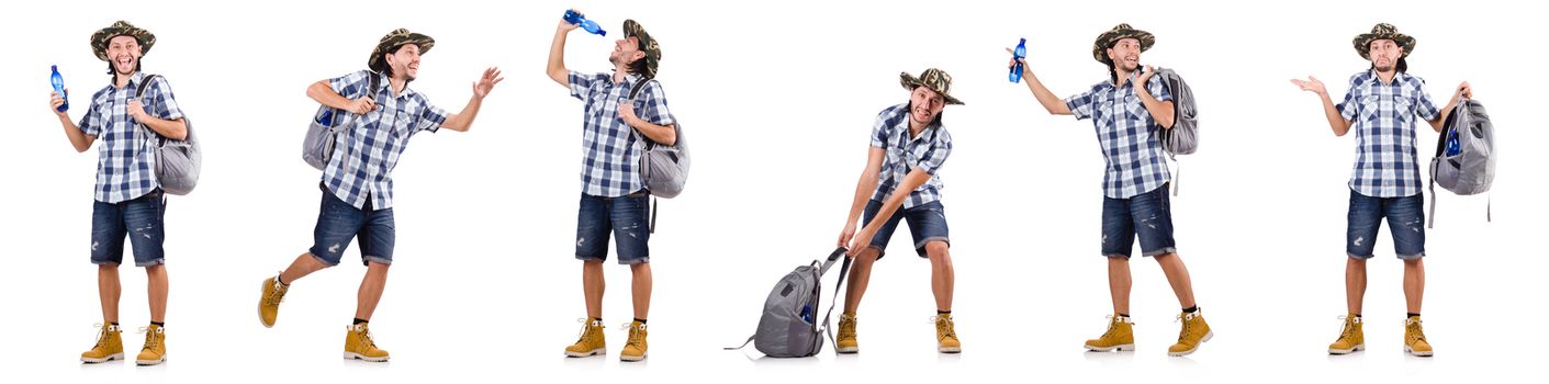 Young traveler with rucksack isolated on white