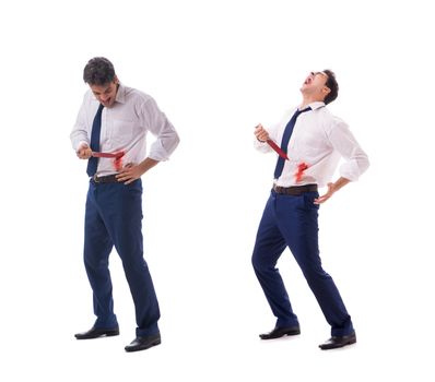 Wounded businessman with blood stains isolated on white background