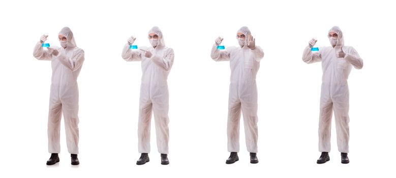 Chemist working with poisonous substances isolated on white background