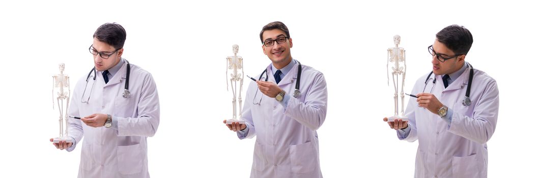 Young male doctor with skeleton isolated on white