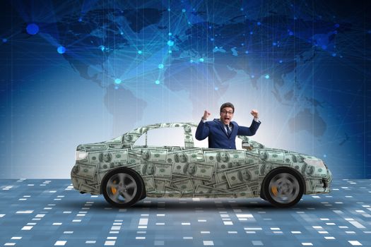 Businessman driving car covered with us dollars