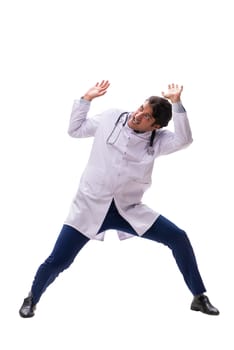 Young handsome doctor under pressure isolated on white