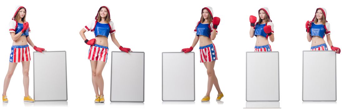 Female boxer with board isolated on white  