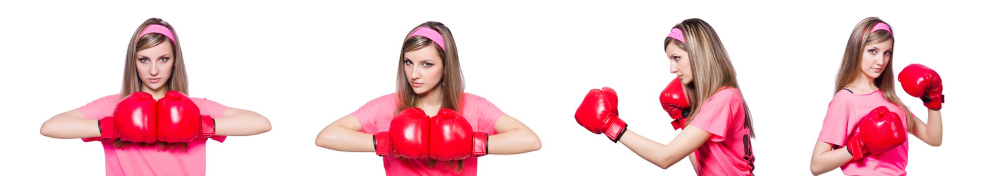 Young lady with boxing gloves on white