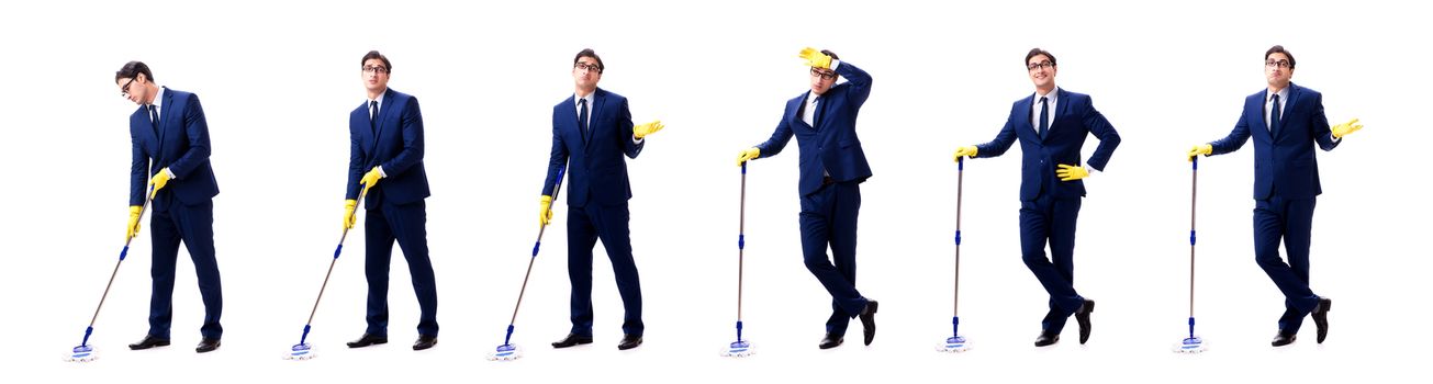 Young handsome businessman with mop isolated on white 