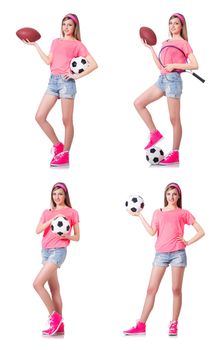 Woman with football on white