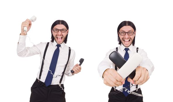 Angry businessman with phone isolated on white