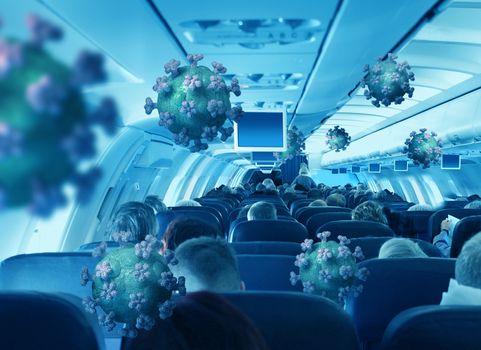 Airborne viruses with passengers travelling in airplane cabin interior economy class
