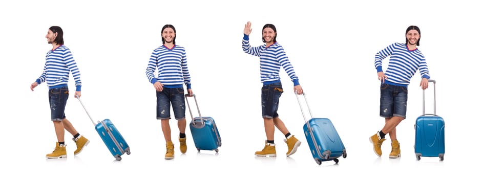 A tourist with bags isolated on white