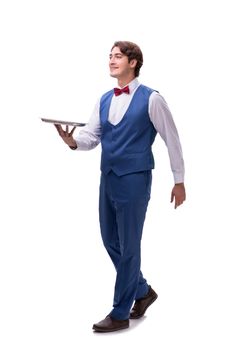 Young waiter isolated on white background