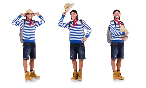 A tourist with bags isolated on white