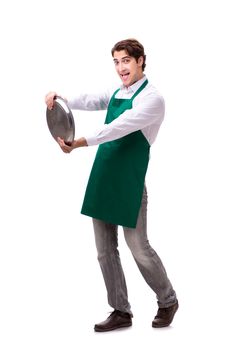 Young waiter isolated on white background