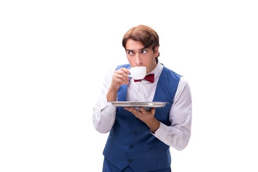 Young waiter isolated on white background