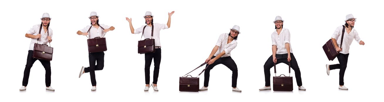 Young man with handbag and hat isolated on white