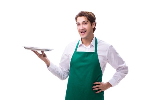 Young waiter isolated on white background